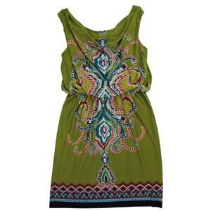 Valerie Bertinelli Green Boho Sleeveless Dress Size 6 Paisley Medallion Print